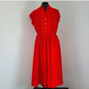 Vintage Red High Collar Flowy Button Dress